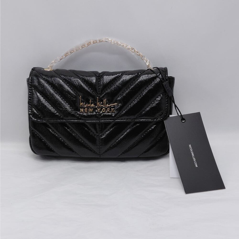 Nicole Miller Crossbody Shoulder Bag Black Faux Leather Quilted Mini Purse Party